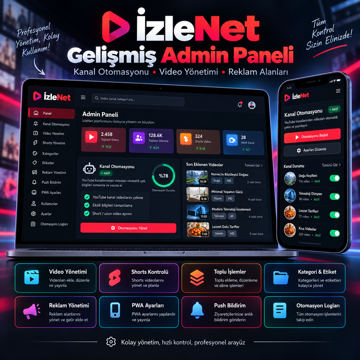 YouTube Tarzı Video & Shorts Platformu | PWA, Admin Paneli, Otomasyonlu PHP Script