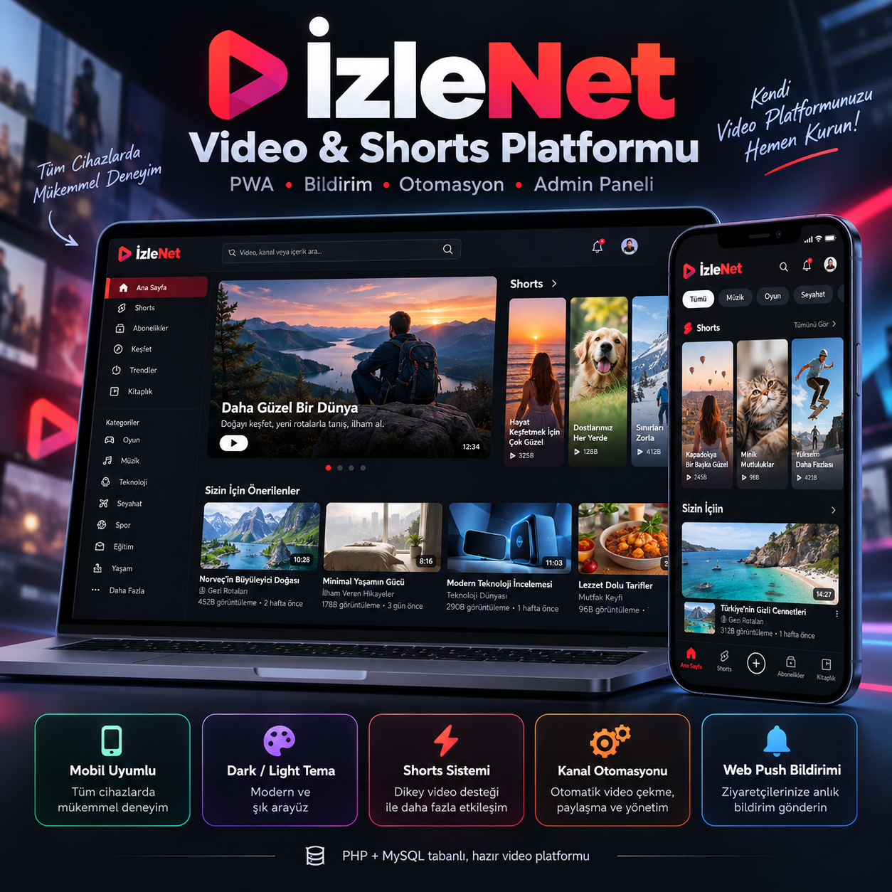 YouTube Tarzı Video & Shorts Platformu | PWA, Admin Paneli, Otomasyonlu PHP Script