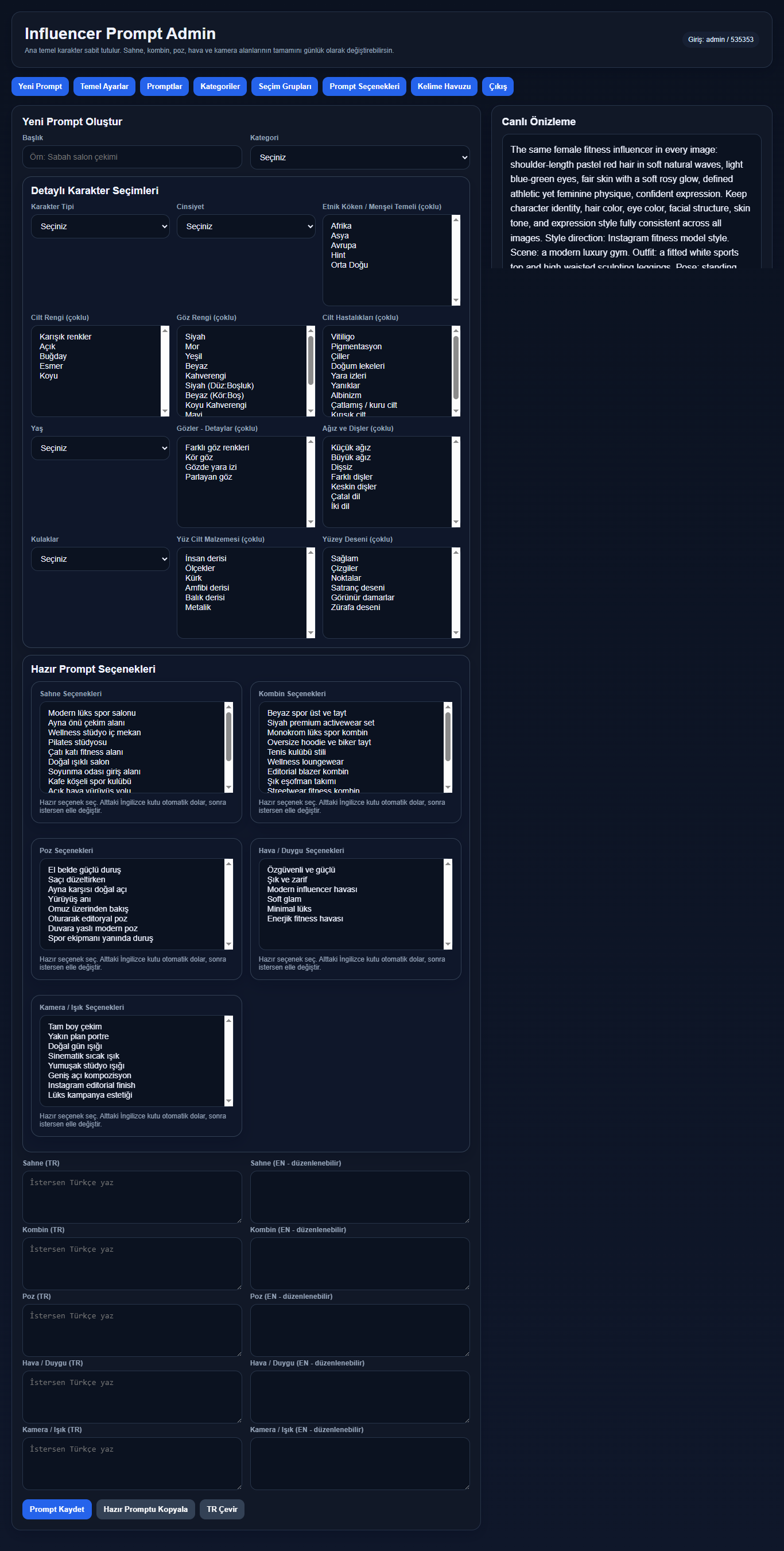 Influencer Prompt php script Yapay Zeka ai